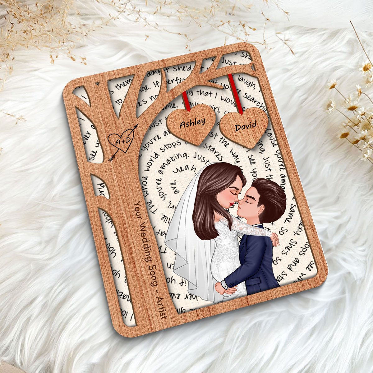 Couple Kissing Under Tree Custom Vinyl Lyrics Personalized Music 2-Layered Wooden Plaque, Wedding Song Dance,  Gift for her & for him