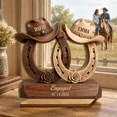 Couple Cowboy Hat Horseshoe - Personalized 2-Layered Wooden Plaque - Wedding, Anniversary Gift for Her, for Him
