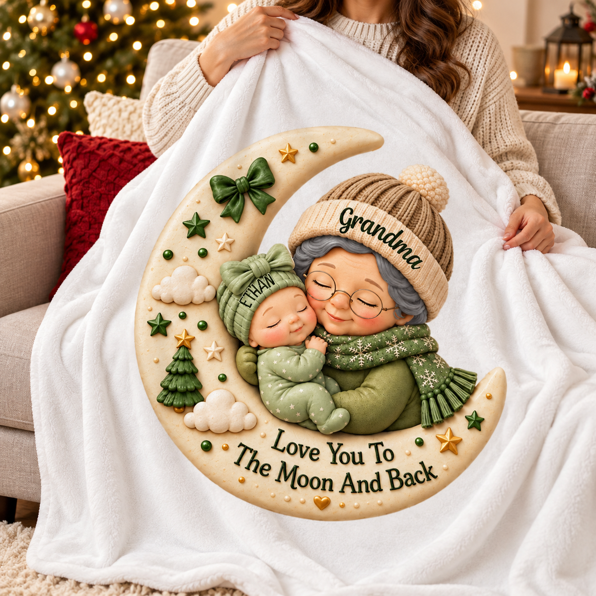 First Christmas as Grandma Love to the Moon and Back - Personalized Fleece Blanket - Christmas Gift for Grandma