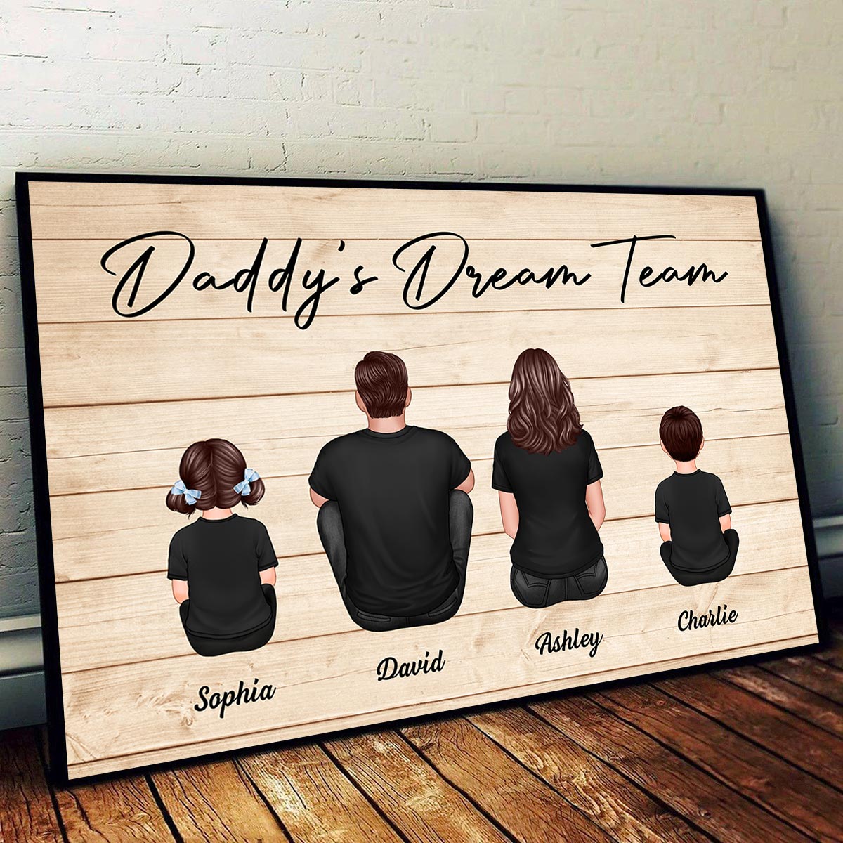 Daddy‘s Team Back View Dad And Kids Sitting Personalized Poster, Gift For Dad, Husband