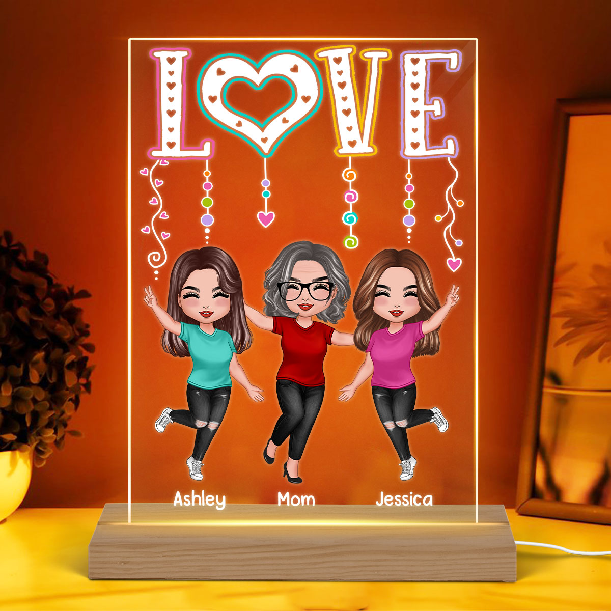LOVE Happy Doll Mom Daughters Personalized Rectangle Acrylic Plaque LED Night Light