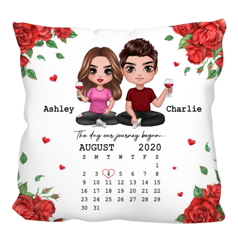 Rose Pattern Doll Couple Sitting Calendar Anniversary Date Personalized Pillow