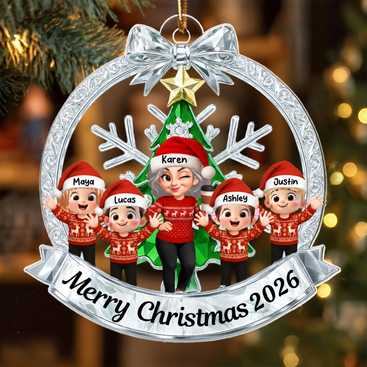 Grandma Grandkids Sitting on Christmas Wreath Metallic Effect - Personalized Acrylic Ornament - Christmas Gift for Grandma