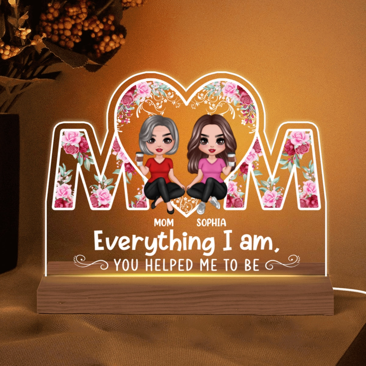 Doll Mother & Daughter Sitting In Heart MOM Personalized Custom Shape Acrylic Plaque With LED Night Light
