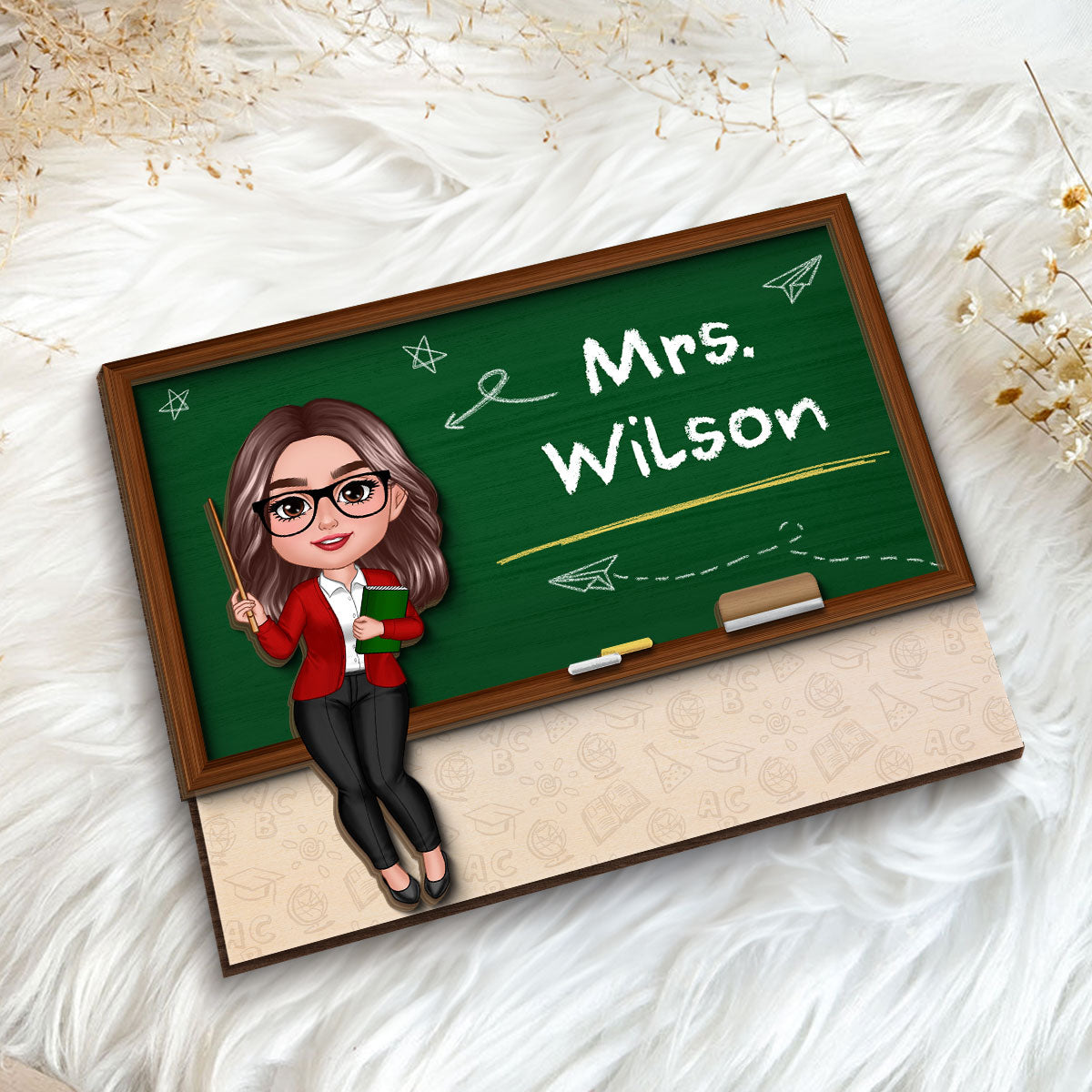 Doll Teacher Blackboard Personalized 2-Layer Wooden Plaque, Back To School Gift, Office Decor