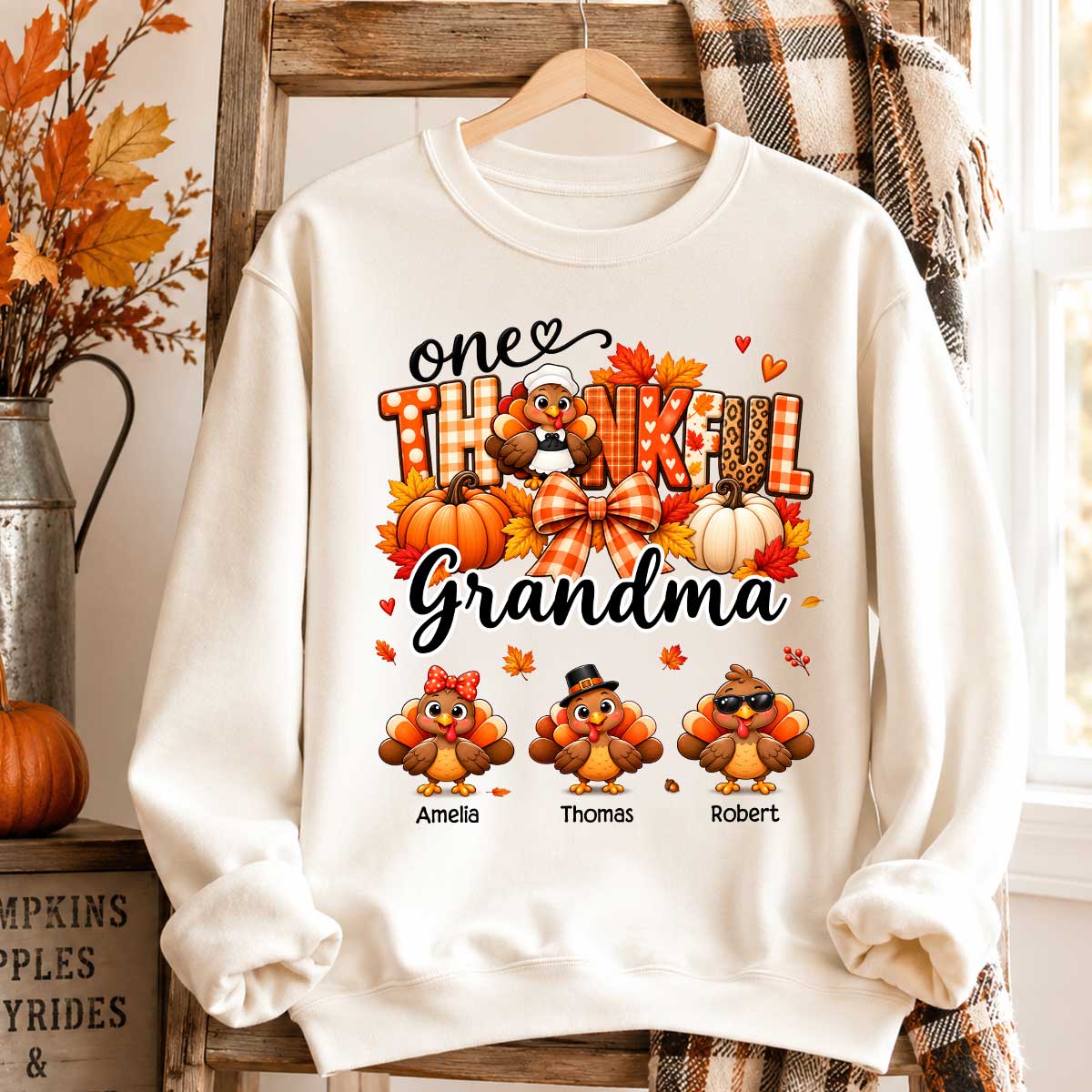 One Thankful Grandma Turkey Thanksgiving - Personalized Shirt - Gift For Mom, Grandma