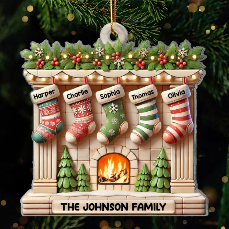 Realistic Family Christmas Stockings On Mantel 3D Effect Personalized Acrylic Ornament