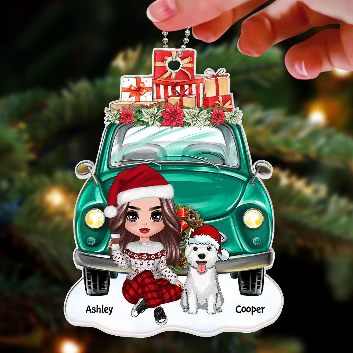 Dog Mom Sitting Front Christmas Car Personalized Acrylic Ornament