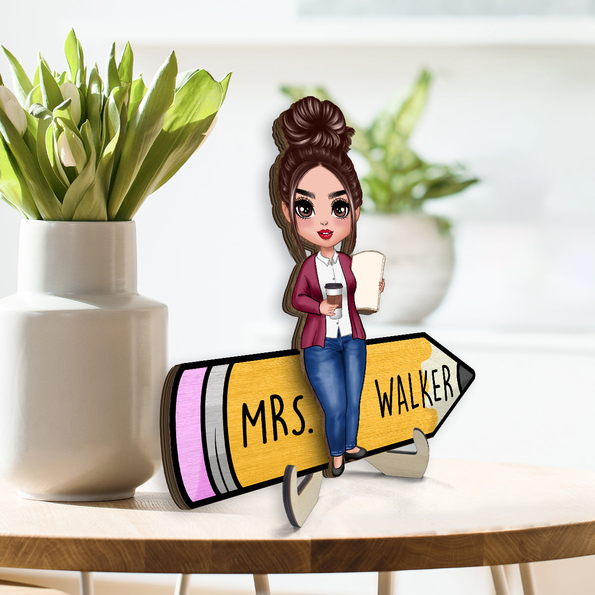 Doll Teacher Sitting On Pencil Personalized 2-Layer Wooden Plaque, Back To School Gift For Teacher, Teacher Appreciation Gift