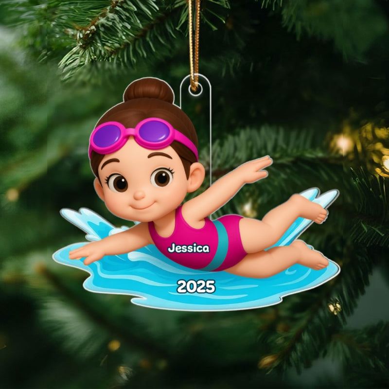 Swimming Boy Girl 3D Effect - Personalized Acrylic Ornament - Christmas Gift for Son Daughter Grandson Granddaughter