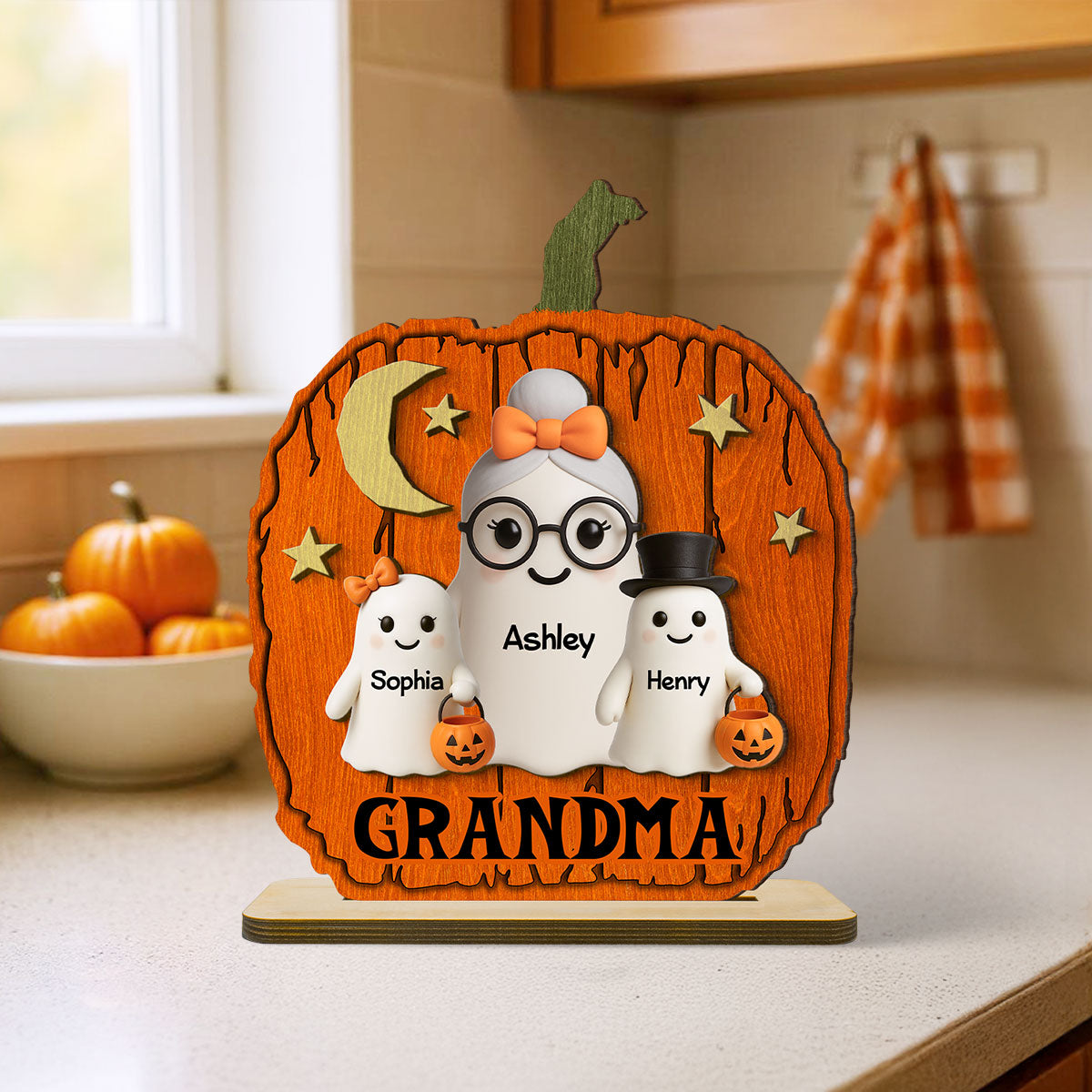 Halloween Grandma Grandkids Boo Pumpkin Shaped Pesonalized 2-Layer Standing Wooden Plaque, Tabletop Tier Tray Decor