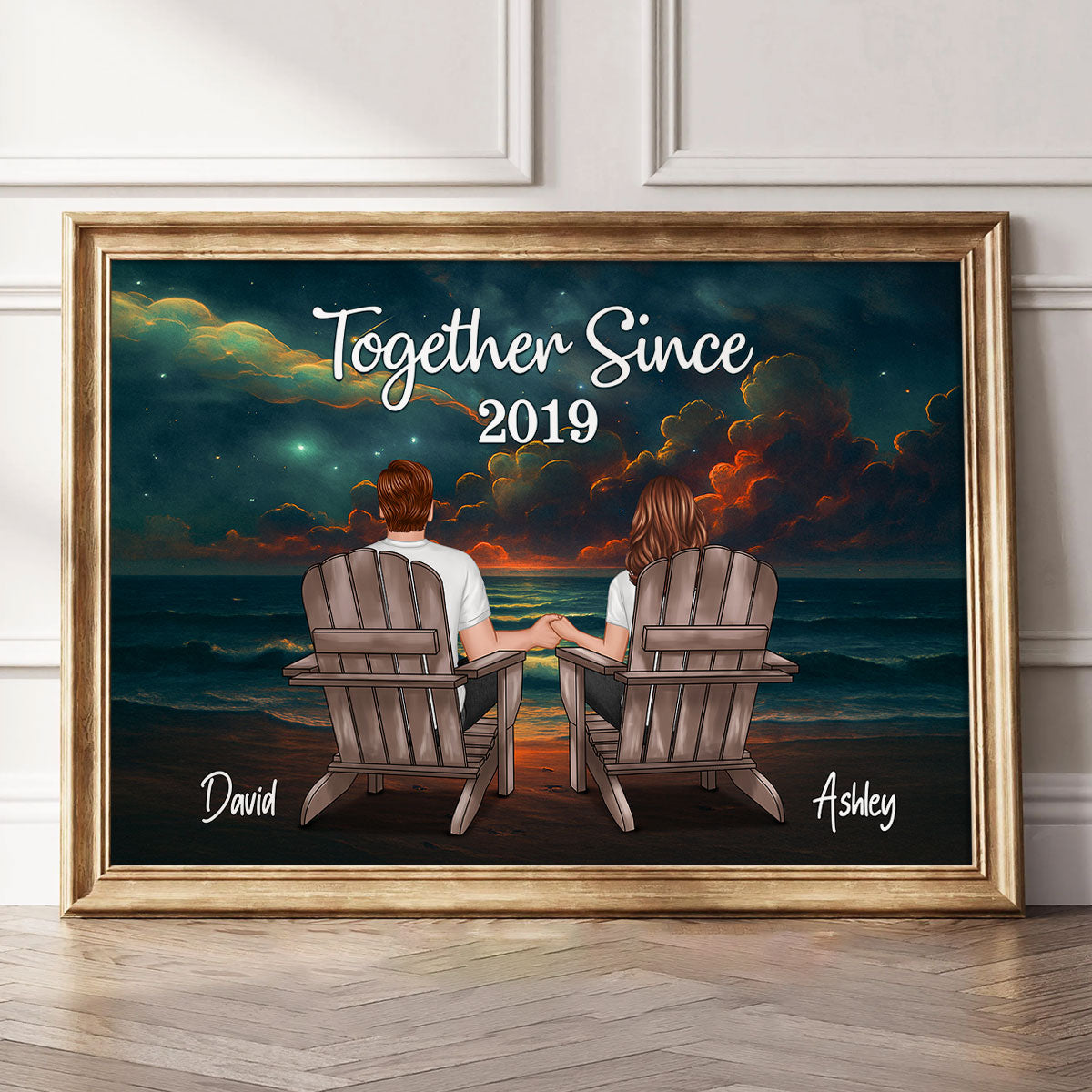 Night Beach Landscape Couple Sitting Back View Personalized Poster