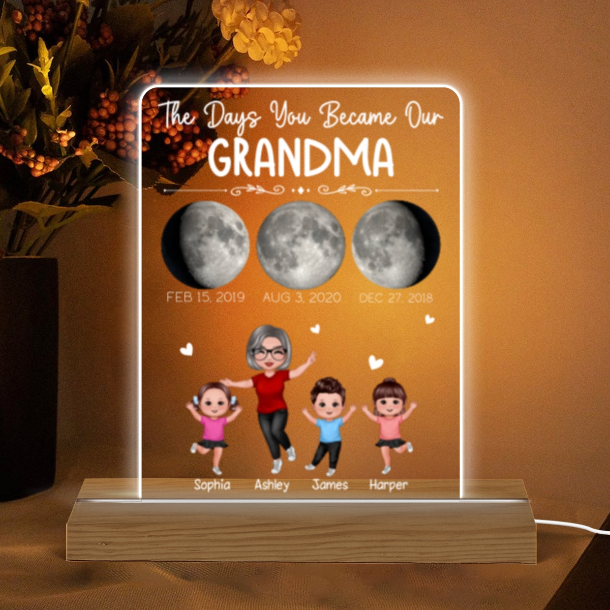 The Days You Became Our Grandma Moon Phase Art Personalized Acrylic Plaque With Warm LED Night Light