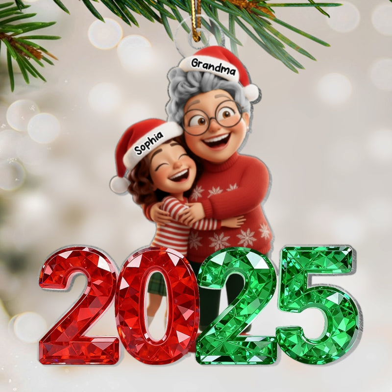 3D Glitter Crystal Happy Grandma Hugging Grandkid 2025 - Personalized Acrylic Ornament - Christmas Gift for Grandma, Grandkid