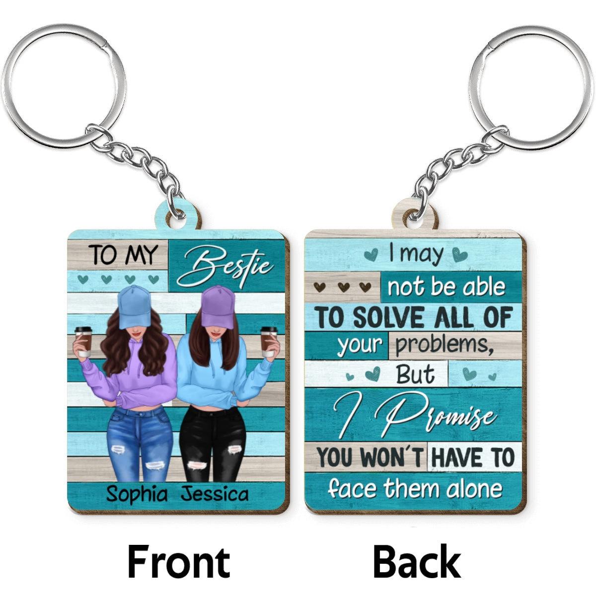 Front View Besties To My Bestie Green Personalized Wooden Keychain
