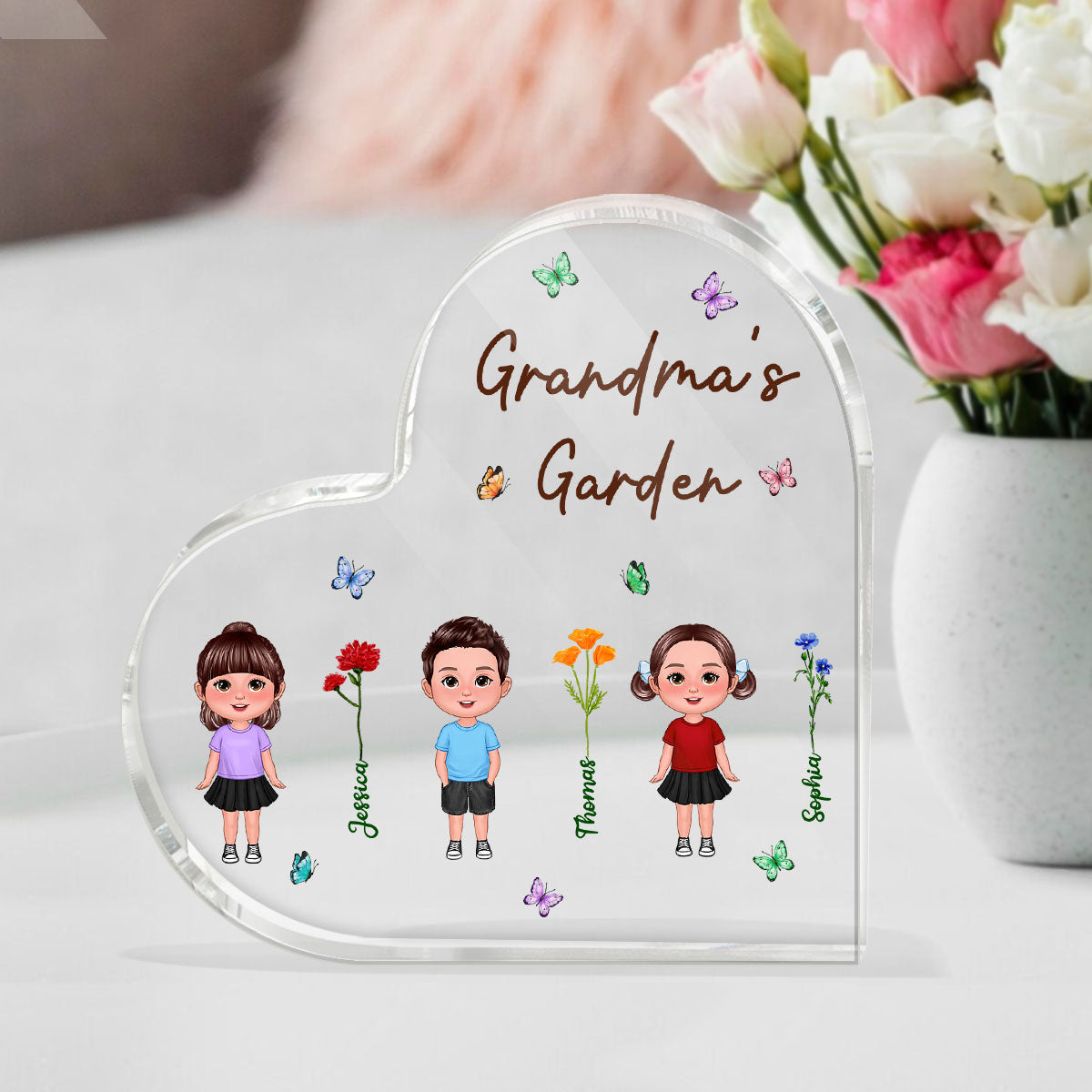 Grandma's Garden Doll Kids Standing Personalized Acrylic Heart Plaque