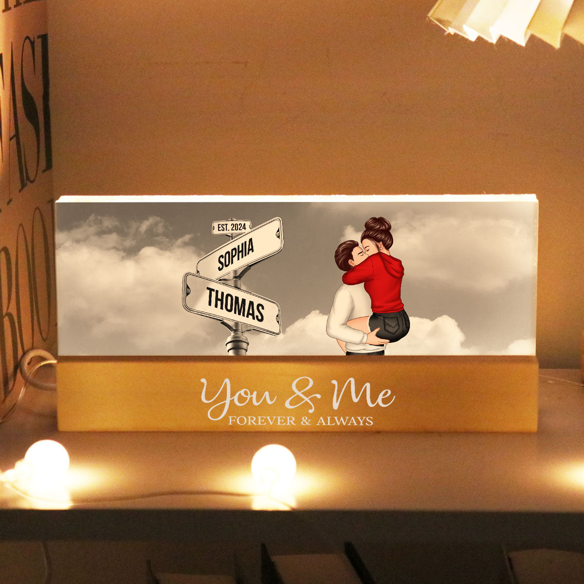 Couple Kissing Beside Street Signs Personalized Acrylic Block LED Night Light, Gift For Him, For Her, Boyfriend, Girlfriend, Husband, Wife