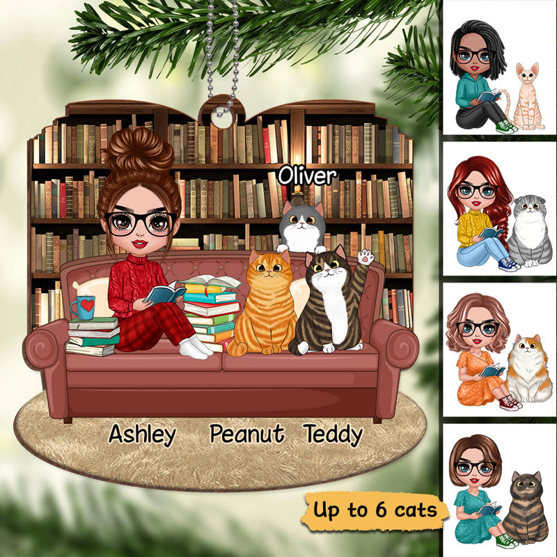 Doll Girl Reading Book With Cats Personalized Wooden Ornament