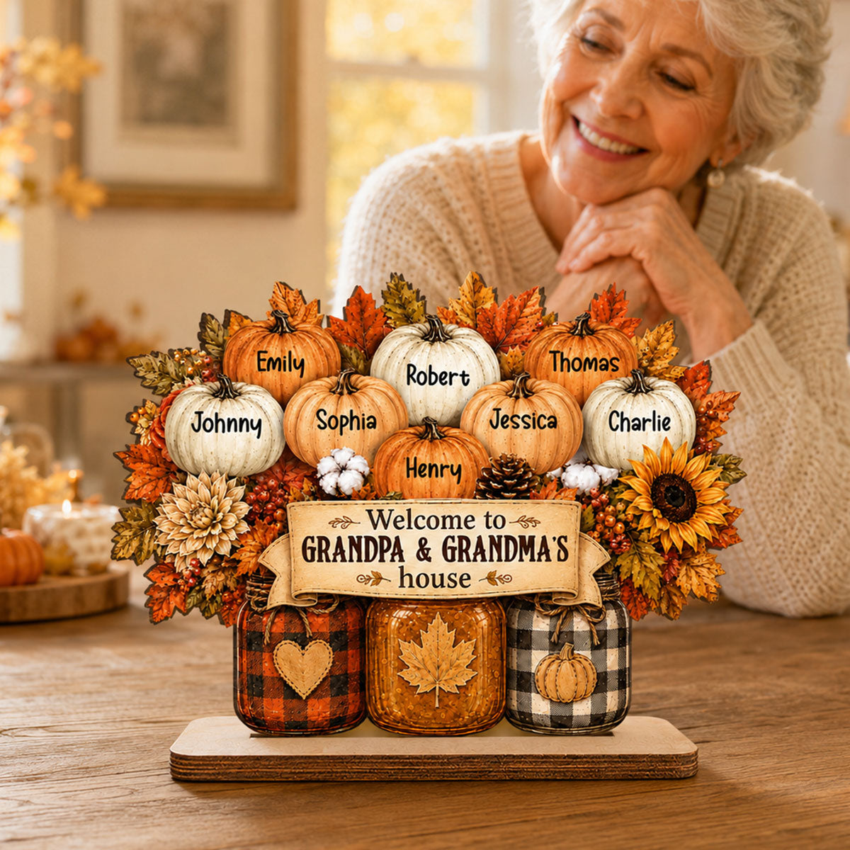 Cozy Warm Fall Season Mason Jars Pumpkins Grandma Grandpa Little Pumpkins - Personalized 2-Layered Wooden Plaque - Fall Decoration For Grandparents