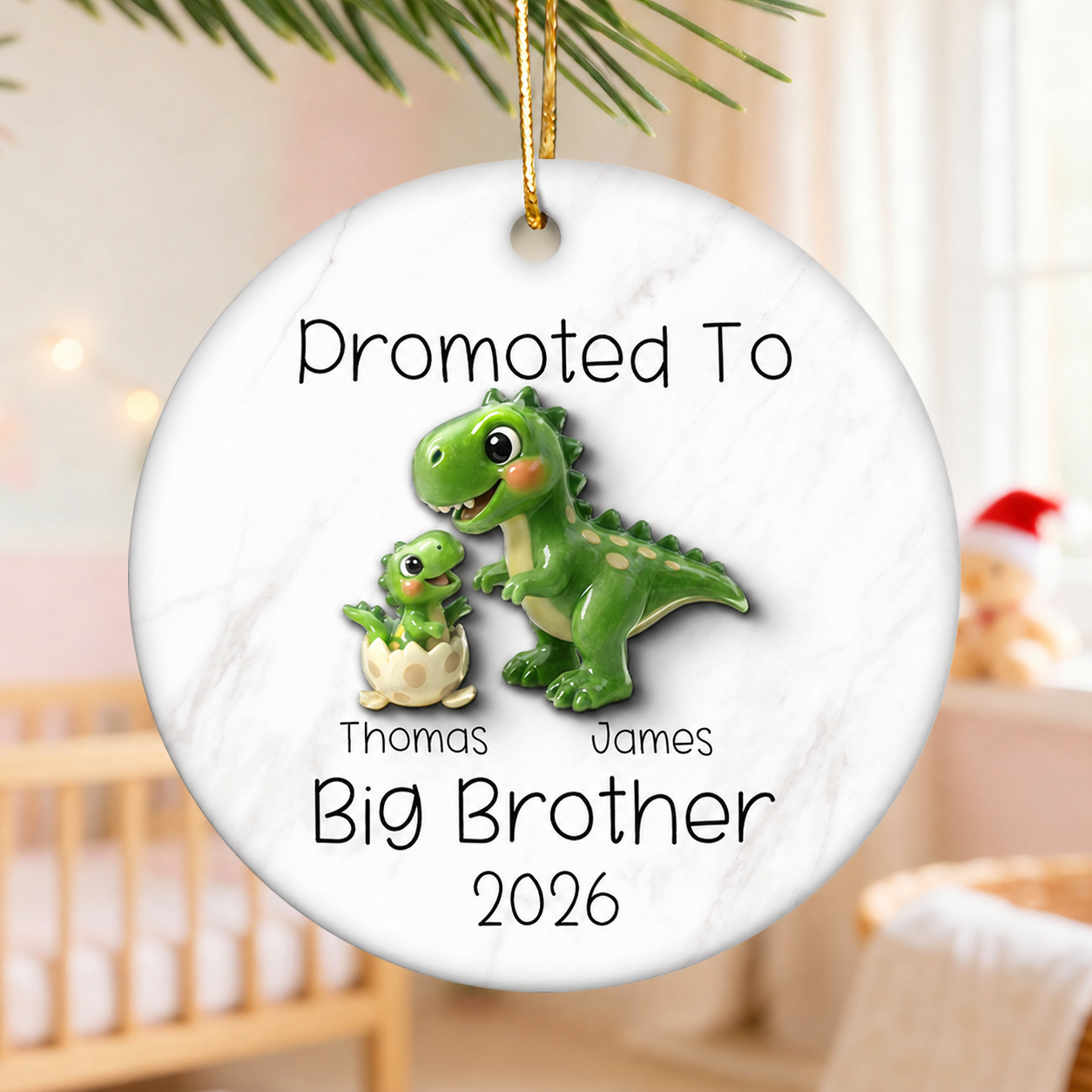 Promoted To Big Brother Big Sister 3D Effect Cute Dinosaurs - Personalized Ceramic Ornament - Proud New Big Sibling Gift