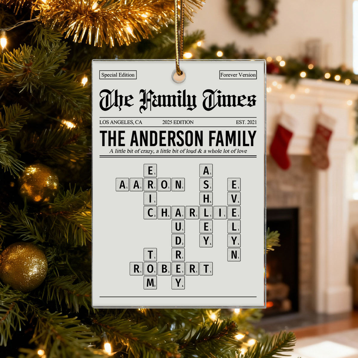 The Family Times Crossword Puzzle Newspaper Style - Personalized Acrylic Ornament - Christmas Keepsake Gift For Family