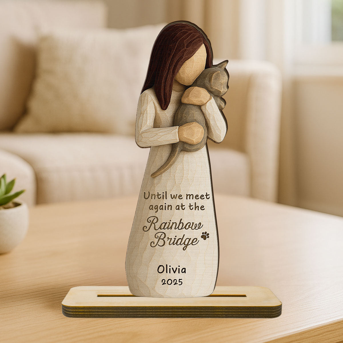 Until We Meet At Rainbow Bridge Woman & Cat 3D Effect Personalized Standing Wooden Plaque, Memorial Sympathy Gift