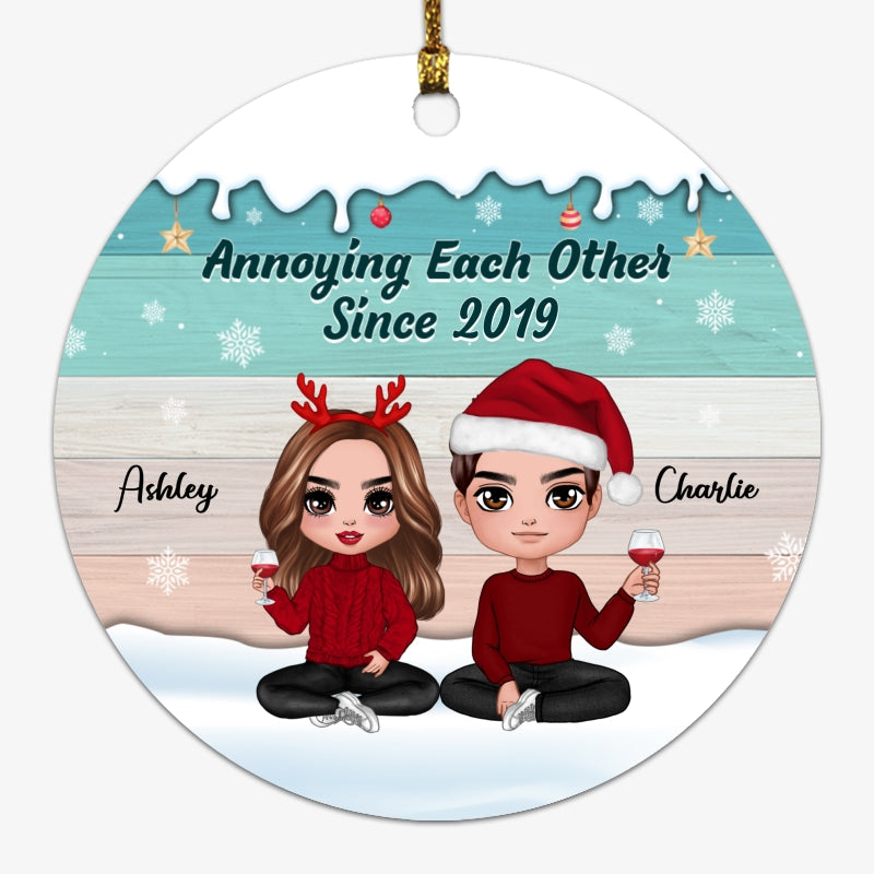 Winter Christmas Color Palette Doll Couple Together Since Personalized Circle Ornament