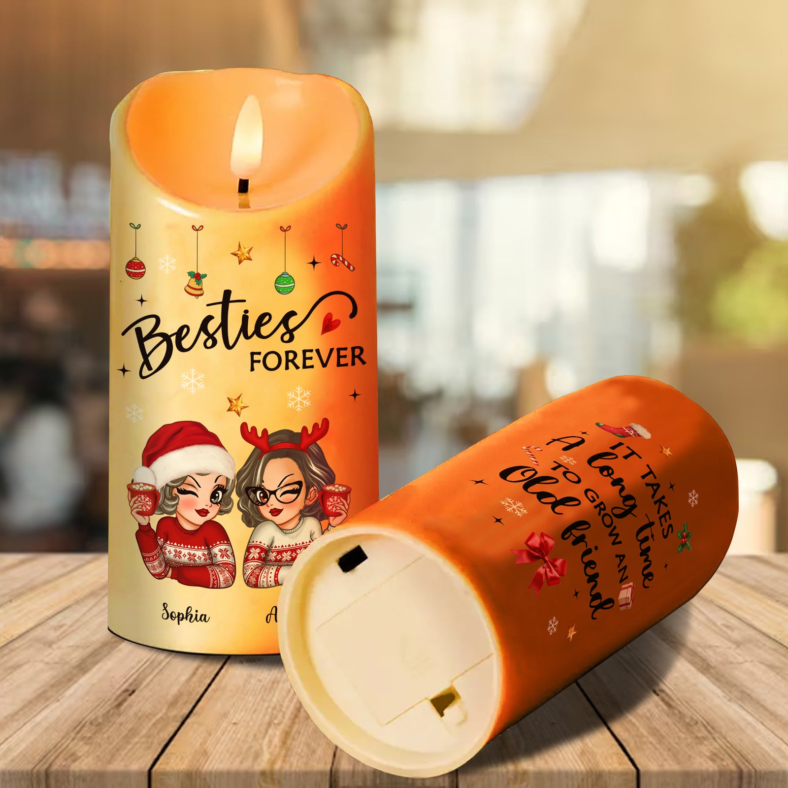 Christmas Besties It Takes A Long Time To Grow Old Friends Personalized LED Candle