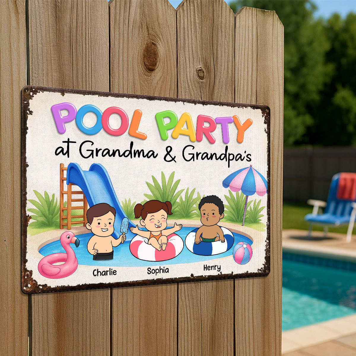 Funny Cartoon Kids Pool Party At Grandma Grandpa Personalized Metal Sign