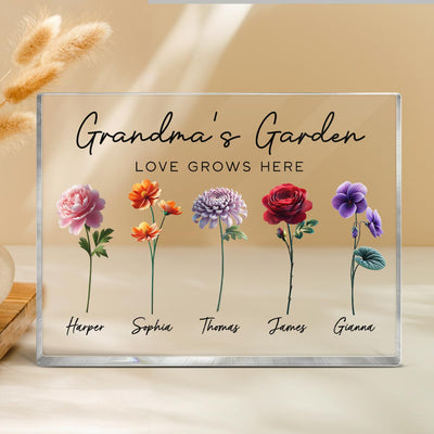 Grandma's Garden 3D Effect Birth Month Flower Personalized Acrylic Block Plaque, Gift For Grandma