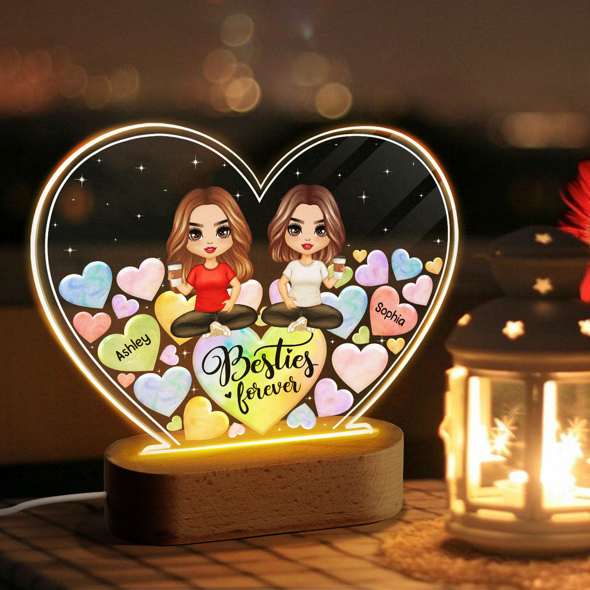 Doll Besties Sitting Hearts In Hearts Personalized Heart Acrylic Plaque LED Night Light