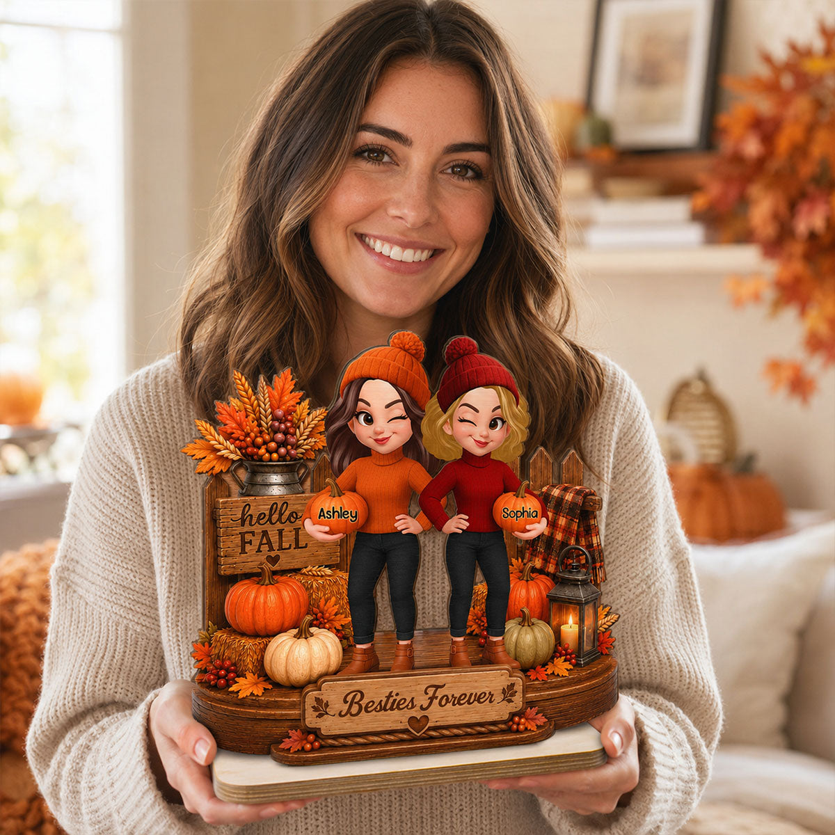 Besties Forever Fall Pumpkin Patch 2D Flat - Personalized Wooden Plaque - Cozy Fall Season Gift for Besties