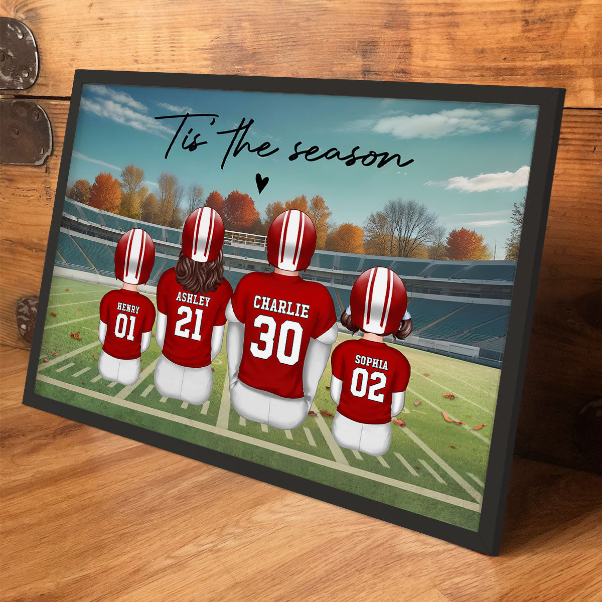 Fall Season Football Family Sitting Back View Personalized Poster, Meaningful Father's Day Gift for Dad, Gift for Husband