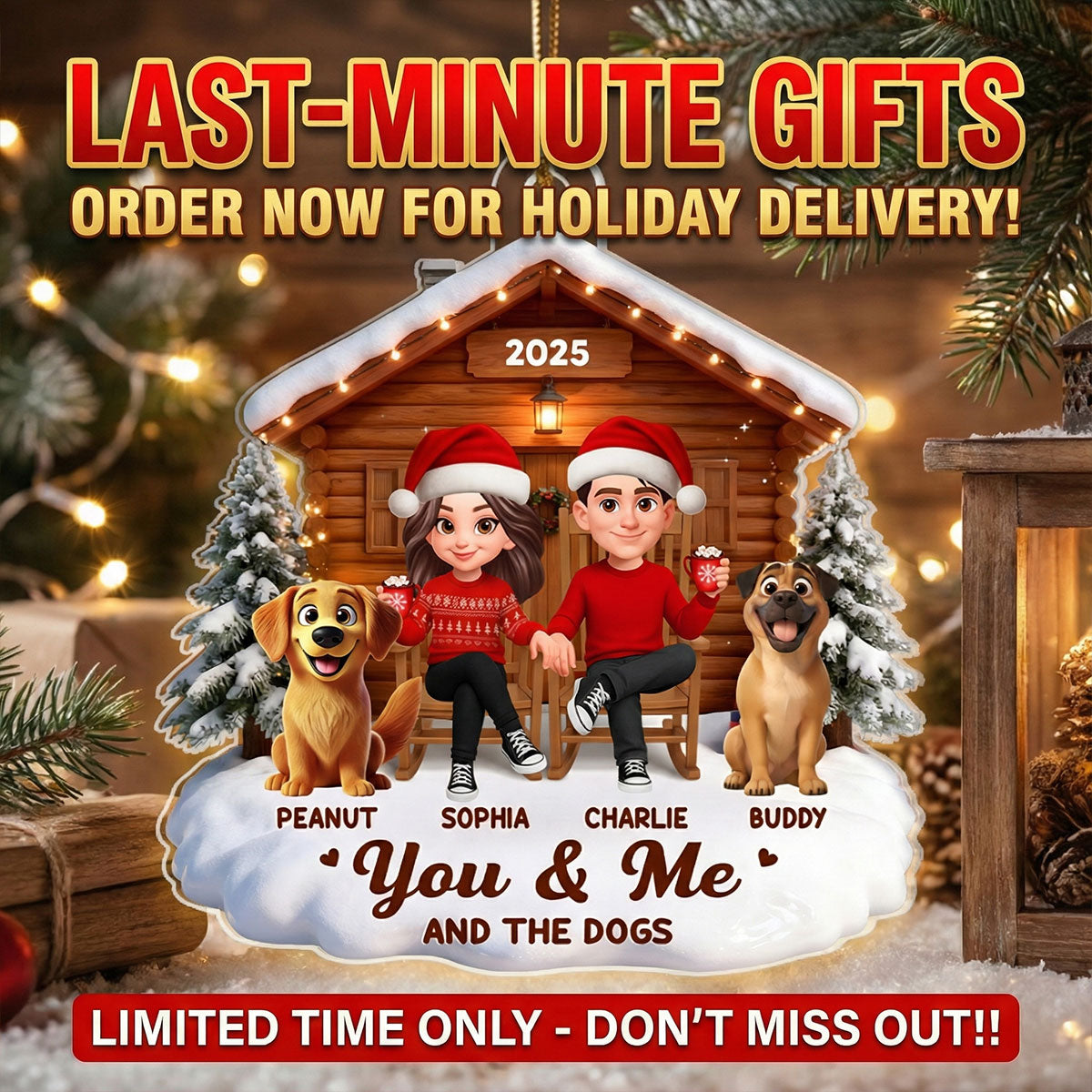 3D Effect Christmas Couple And Dog Cat Wooden Cabin - Personalized Acrylic Ornament - Heartfelt Gift For Couple