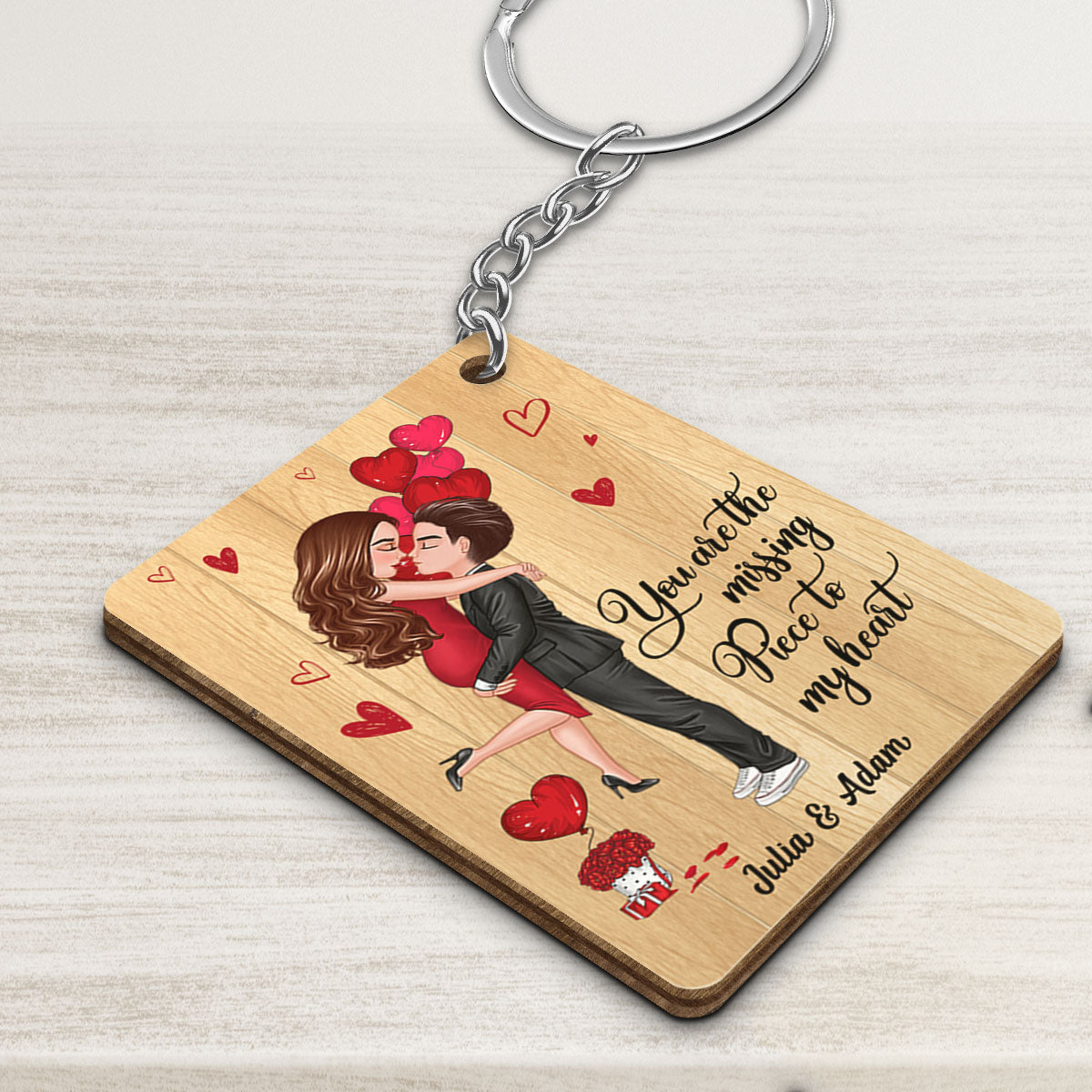 Doll Couple Couple Hugging Kissing Balloon The Missing Piece Together Since Personalized Wooden Keychain