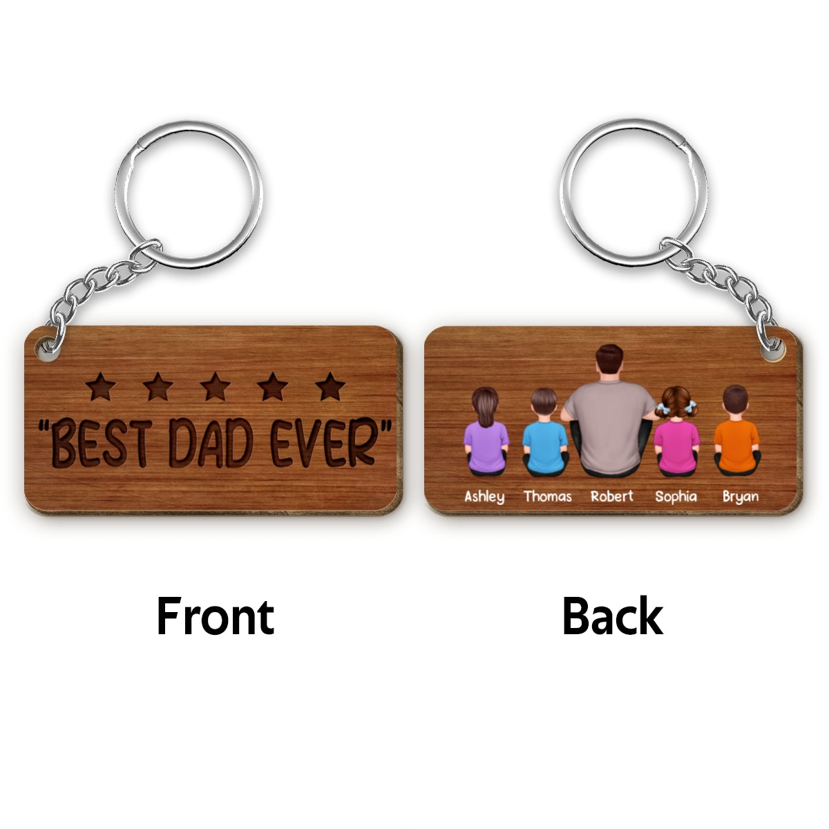 Five-star Dad Grandpa Back View Sitting Man Kid Dog Cat Personalized Wooden Keychain