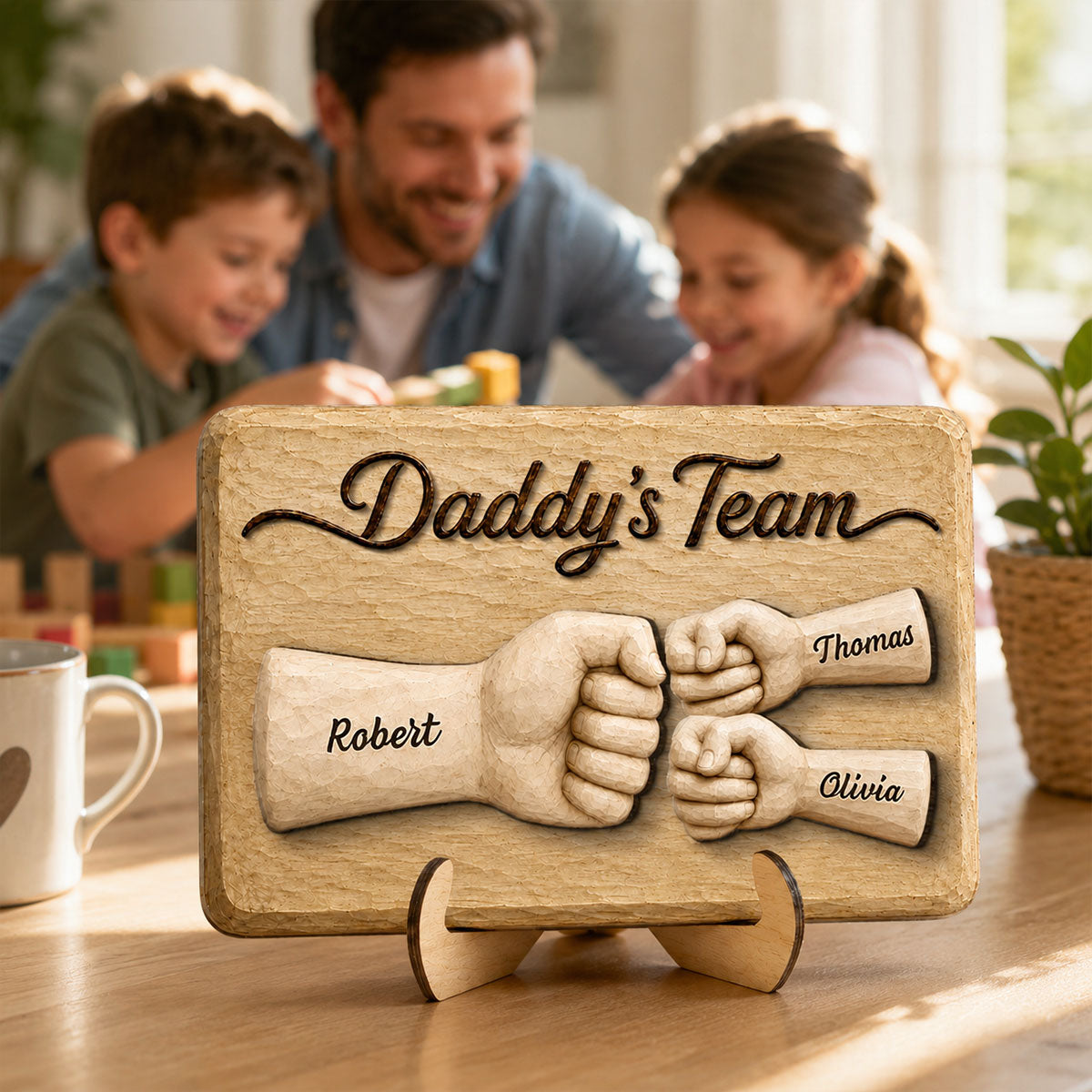 Sentimental Rustic Daddy's Team Fist Bump - Personalized 2-Layered Wooden Plaque - Father's Day Gift For Dad, Husband