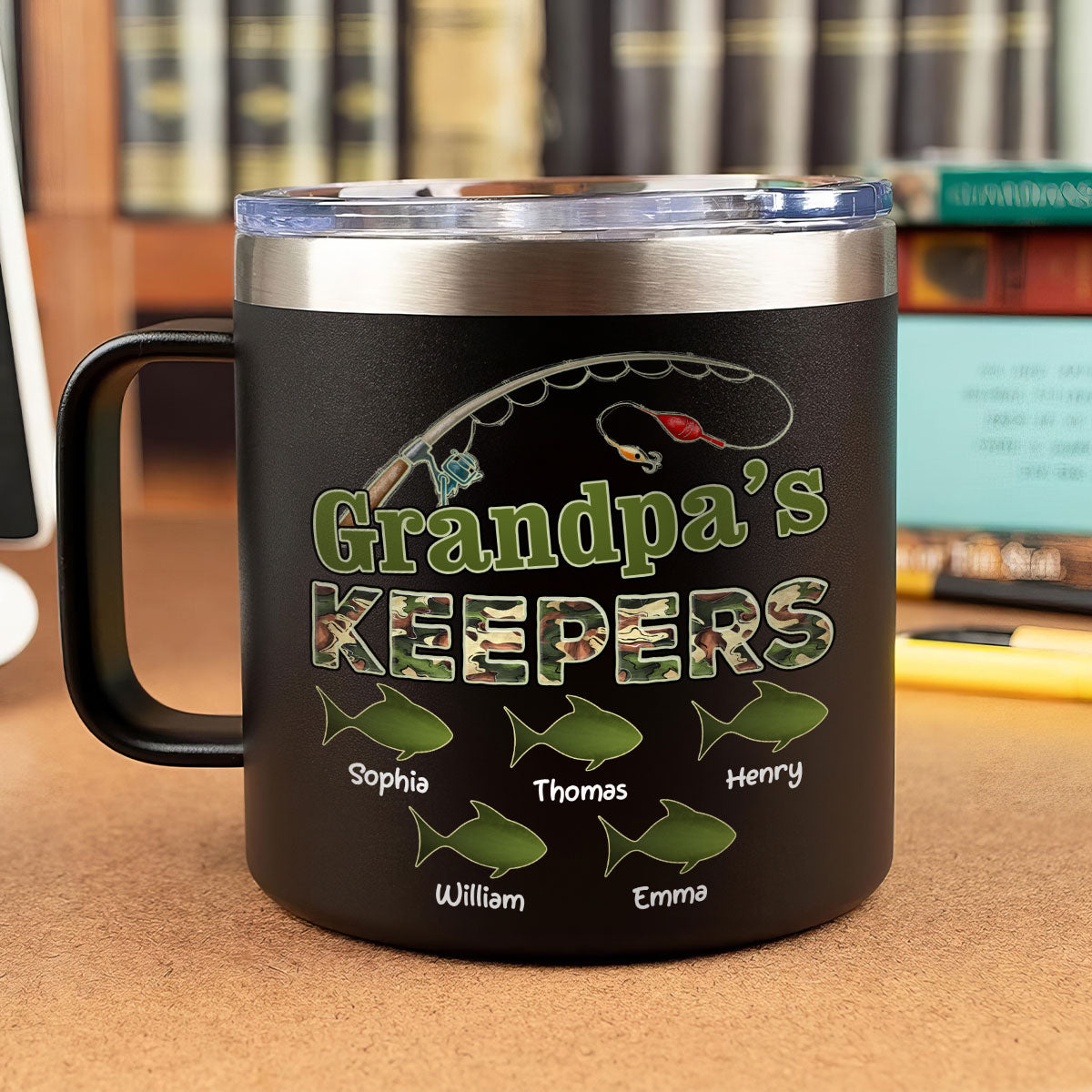 Grandpa's Keepers Fishing Camouflage Personalized Stainless Steel Tumbler With Handle
