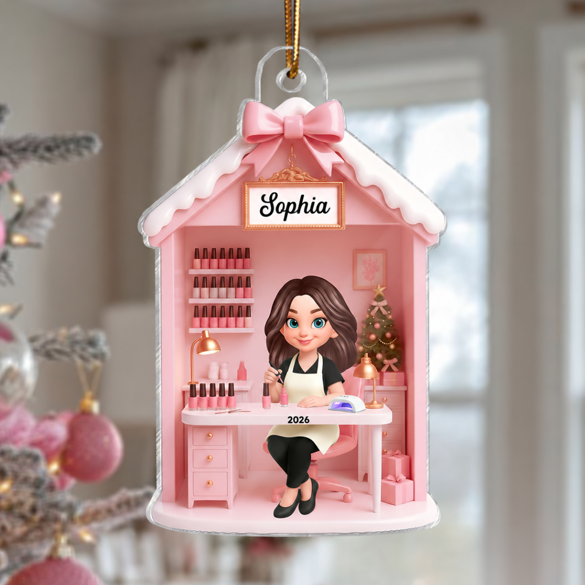 3D Effect Christmas Nail Technician In Salon - Personalized Acrylic Ornament - Gift For Nail Technician, Nails Decor, Beauty Salon, Woman, Girl
