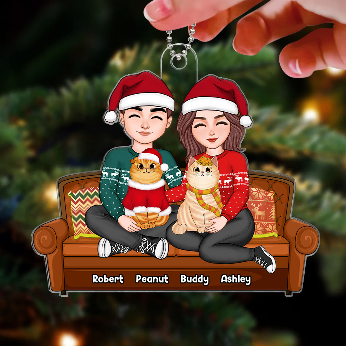 Couple Hugging Cats Sitting On Couch Personalized Christmas Acrylic Ornament