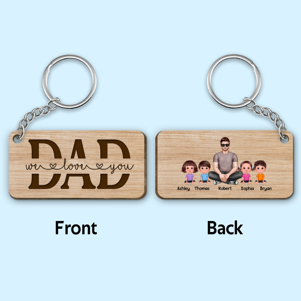 Best Dad Ever Realistic Man Sitting & Doll Kids Personalized Wooden Keychain