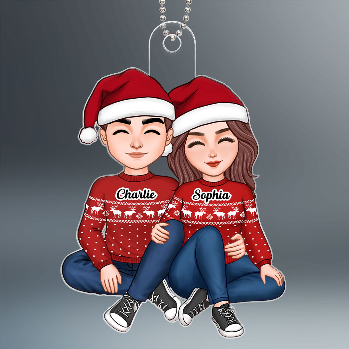 Christmas Cute Couple Sitting Hugging Personalized Acrylic Ornament