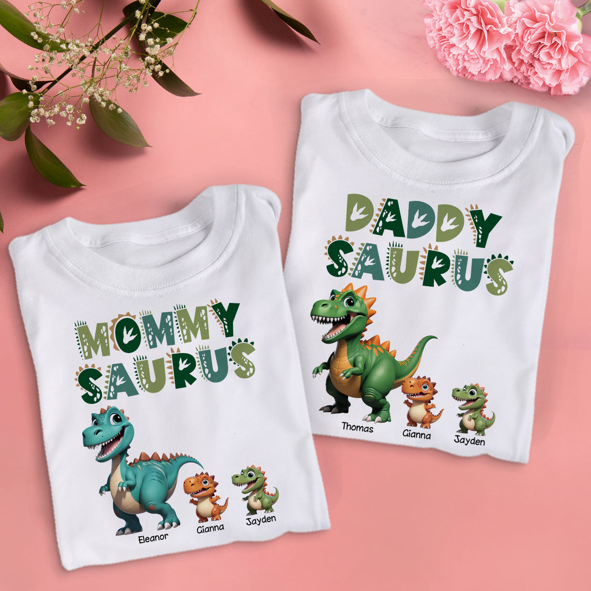3D Effect Daddysaurus Mommysaurus Personalized Matching Shirts [Set Of 2 Shirts]