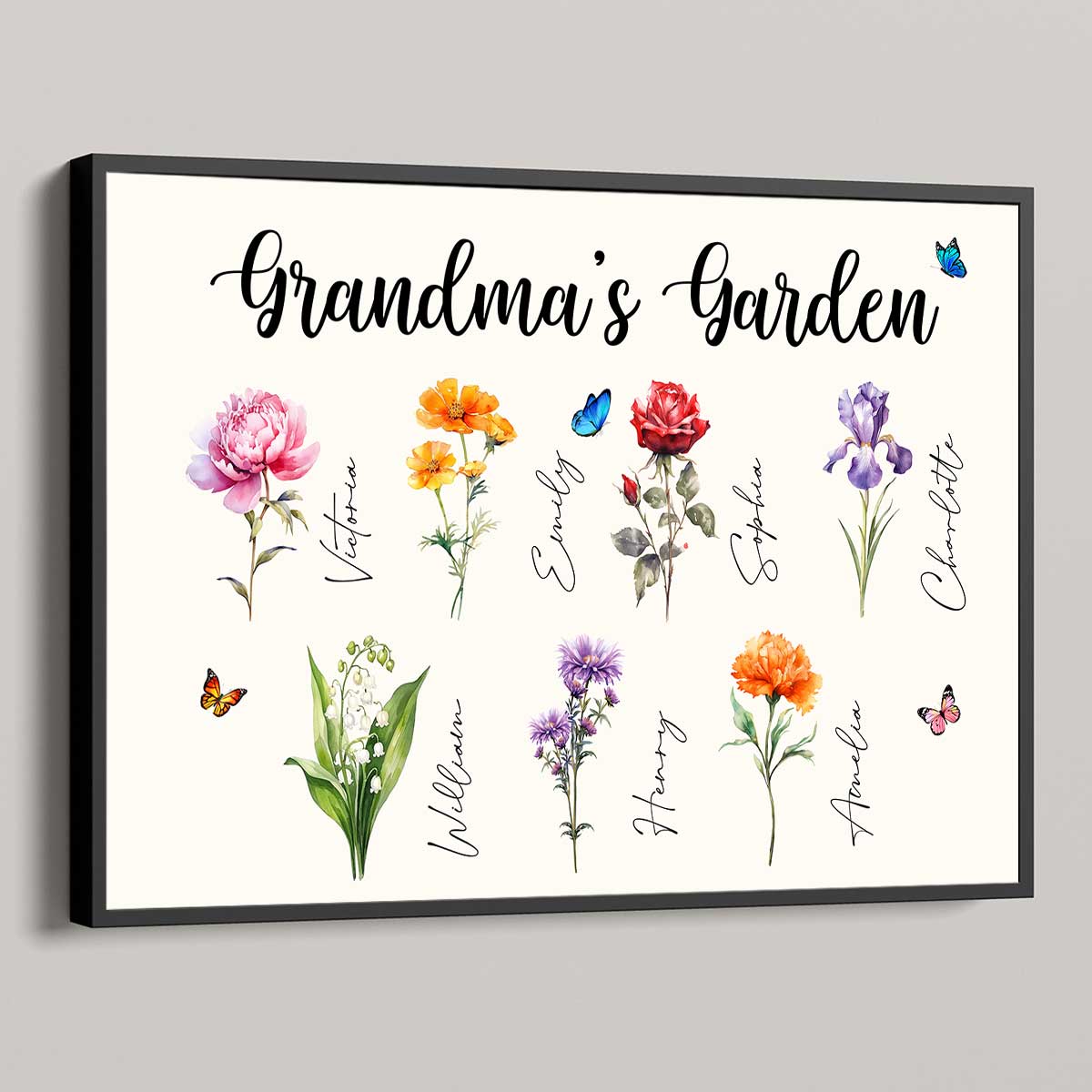 Grandma‘s Garden Beautiful Birth Month Flower With Names Personalized Horizontal Poster