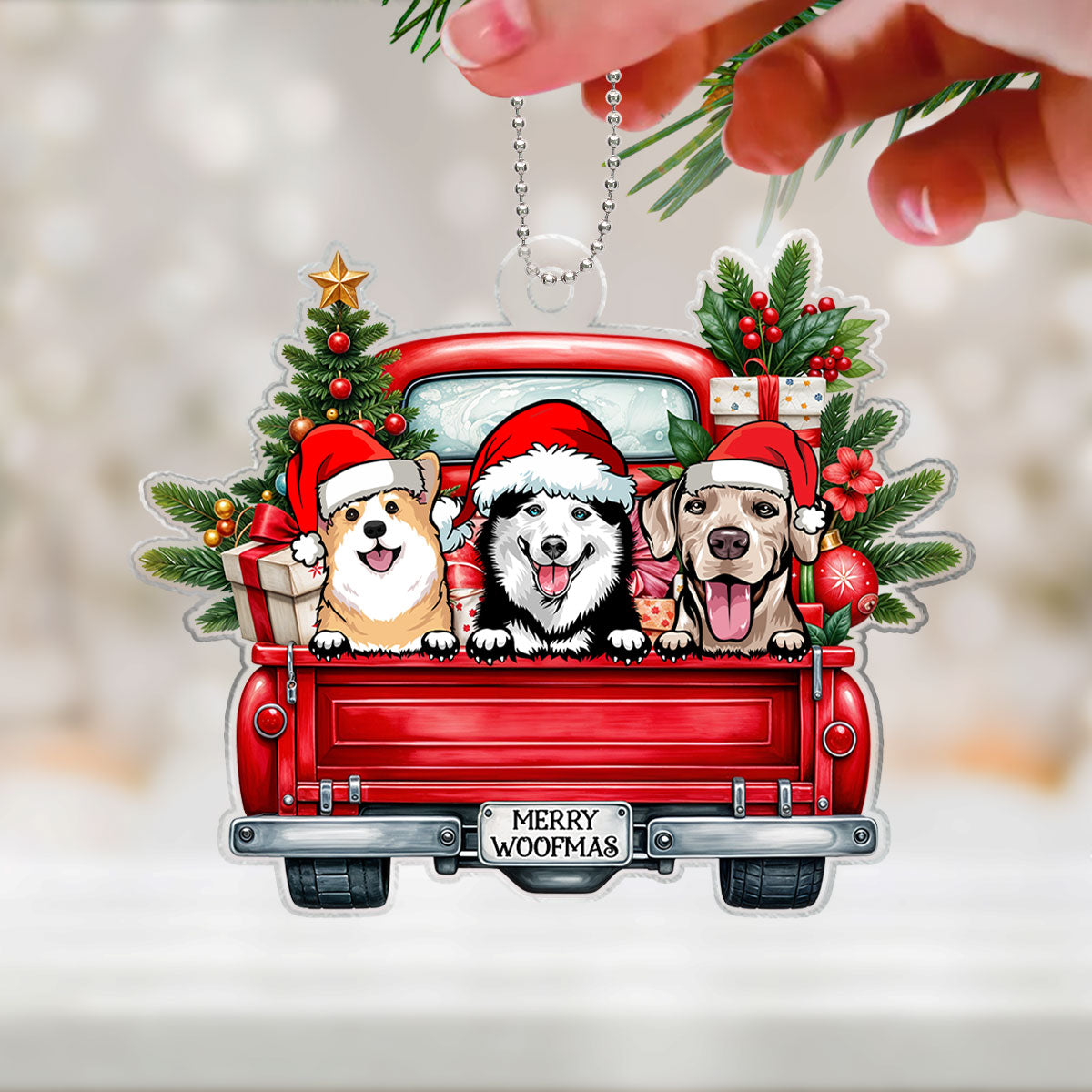 Merry Woofmas Dogs On Truck Personalized Acrylic Ornament, Christmas Gift For Dog Mom Dog Dad