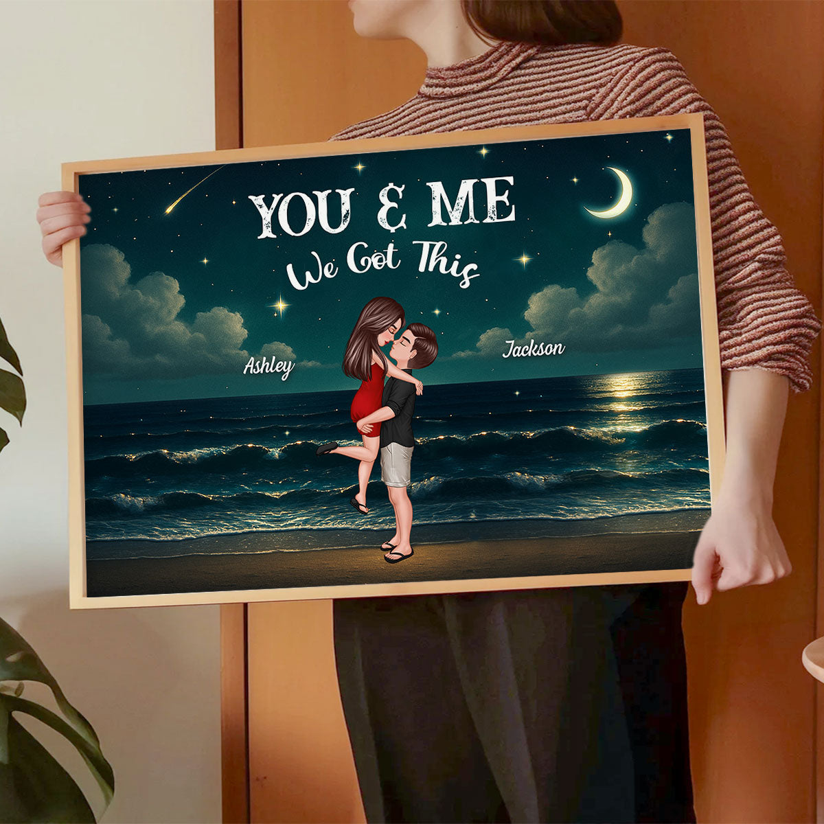 Night Beach Landscape Couple Hugging Kissing Personalized Poster, Unique & Meaningful Wall Art For Your Home