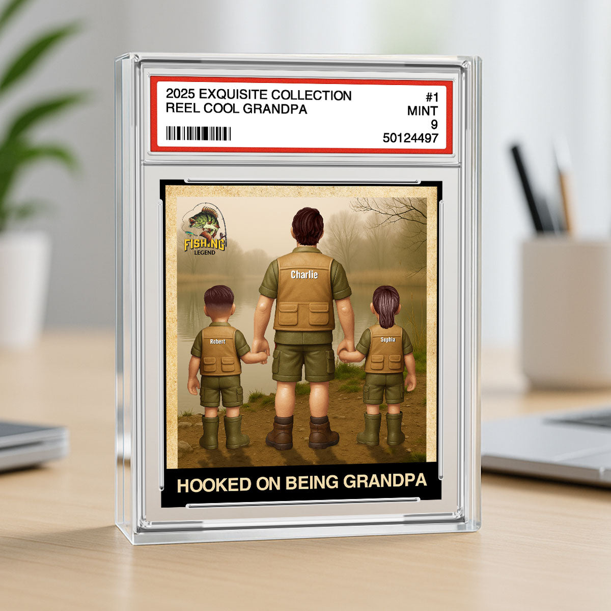Fishing No. 1 Grandpa Dad Man & Kids Trading Card Style Personalized Acrylic Block Plaque