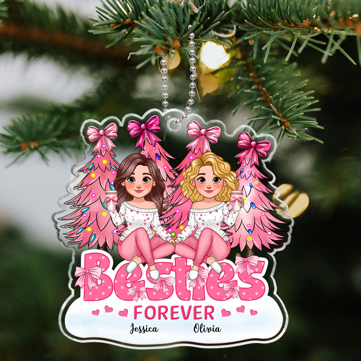 Animated Besties Forever Pink Christmas Tree Personalized Acrylic Ornament
