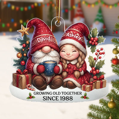 Gnome Couple Growing Old Together Personalized Acrylic Ornament, 3D Effect Ornament for Couples