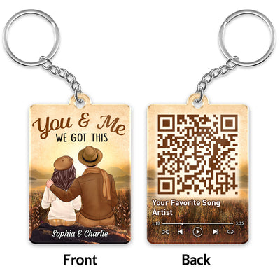 Fall Season Couple Sitting Back View Favorite Song Scannable QR Code Personalized Acrylic Keychain